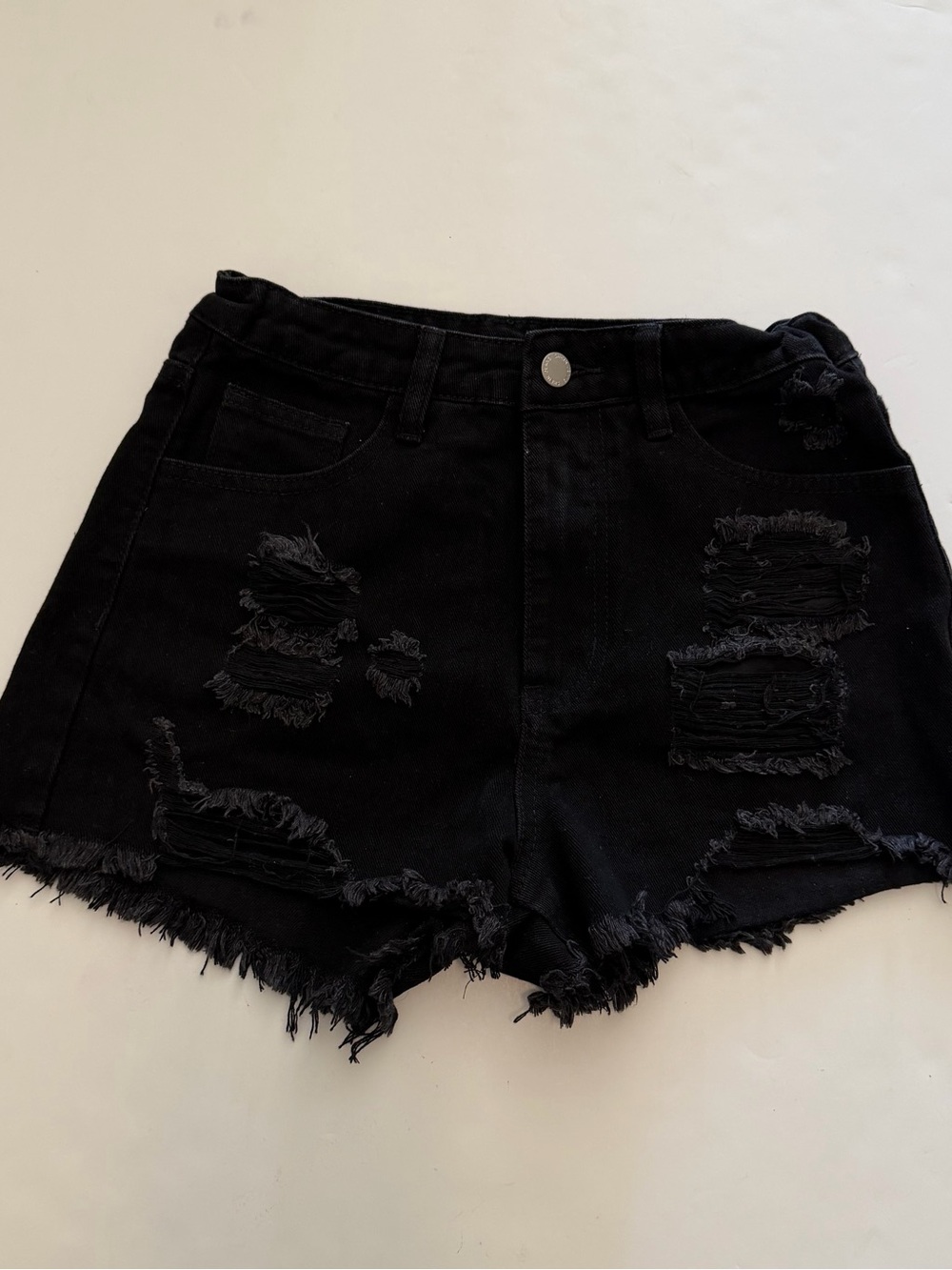 Black High-Rise Distressed Denim Shorts